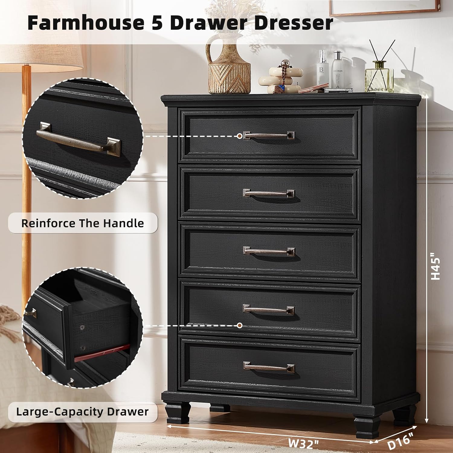 SAVOR LIFE Farmhouse Chest of Drawers for Bedroom, 45' Tall Dresser for Closet, Rustic Wood Dressers for Bedroom, Hallway, Entryway, Black