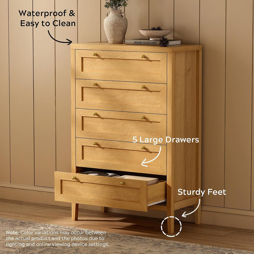 EYYTHUNG 5 Drawer Dresser Farmhouse 47' Tall Wood Closet Chest of Drawers Modern Storage Dressers Organizer for Bedroom Living Room, Entryway, Hallway, Natural Oak
