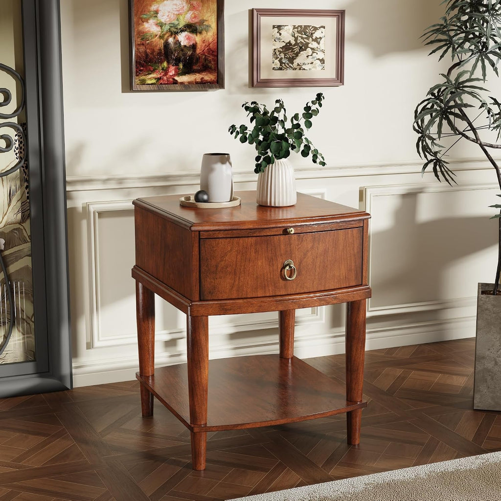 Farmhouse End Side Table with Pull-Out Tray And Storage Drawer, Sofa Beside Tables with Wood Leg, Nightstand, No-Tools Assembly 17.7'L x 19.7'W x 22.8'H for Living Room, Caramel Brown CJZ-A1569-MG