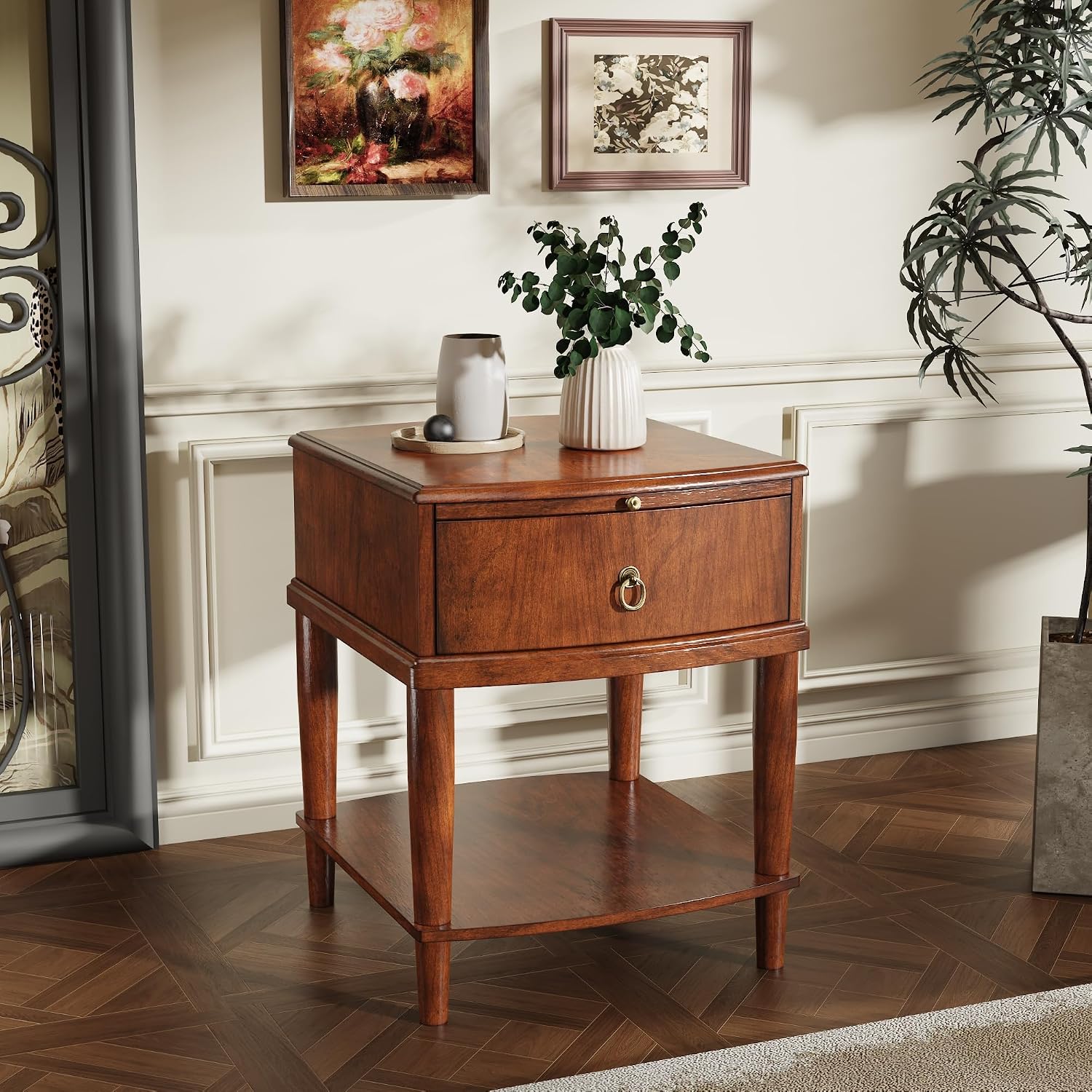 Farmhouse End Side Table with Pull-Out Tray And Storage Drawer, Sofa Beside Tables with Wood Leg, Nightstand, No-Tools Assembly 17.7'L x 19.7'W x 22.8'H for Living Room, Caramel Brown CJZ-A1569-MG