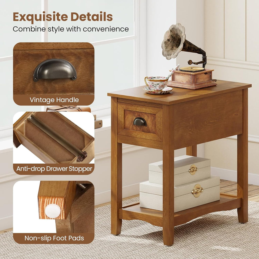 Giantex End Table with Drawer, Retro Narrow Side Table, Nightstand with Solid Wood & Storage Shelf, Bedside Table for Living Room Bedroom Small Space Home Office (2, Tawny)