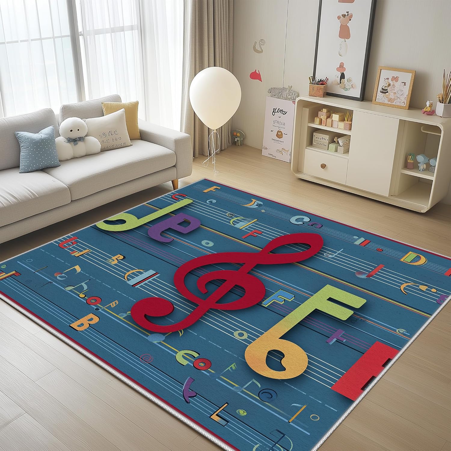 Music Note Area Rug 6x8ft, Vintage Musical Alphabet Rugs for Bedroom Living Room Classroom Nursery Playroom Game Room, Music Lovers Carpet Non Slip Washable for Boys Girls