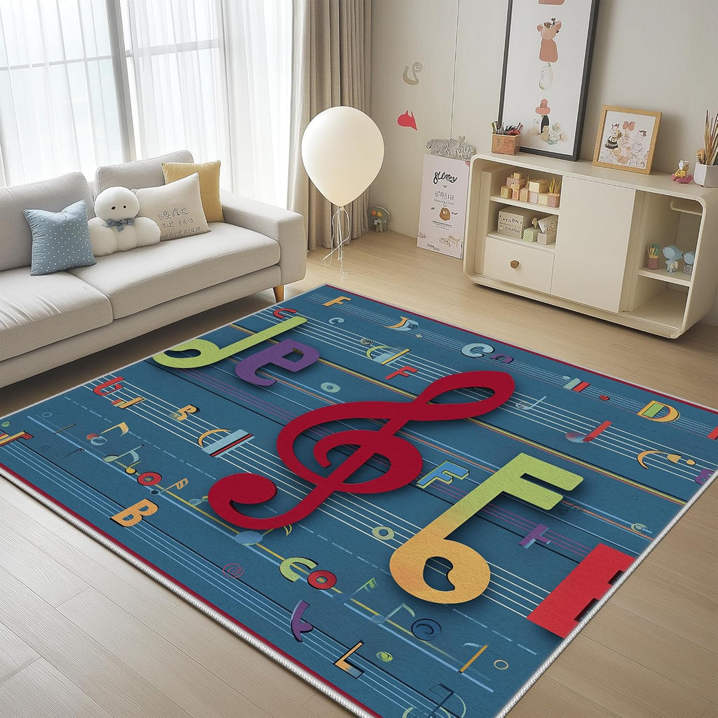 Music Note Kids Rugs 4x7 for Playroom Classroom Nursery Preschool, Vintage Musical Alphabet Area Rug for Girls Boys Bedroom Room Decor, Music Lovers Playing Carpet Non-Slip