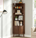 5-Tier Corner Shelf, 66.73''Tall Modern Corner Bookshelf, 5 Shelf Bookcase with 2 Fluted Doors, Freestanding Wood Corner Display Storage Shelf Organizer for Living Room, Office (Walnut)