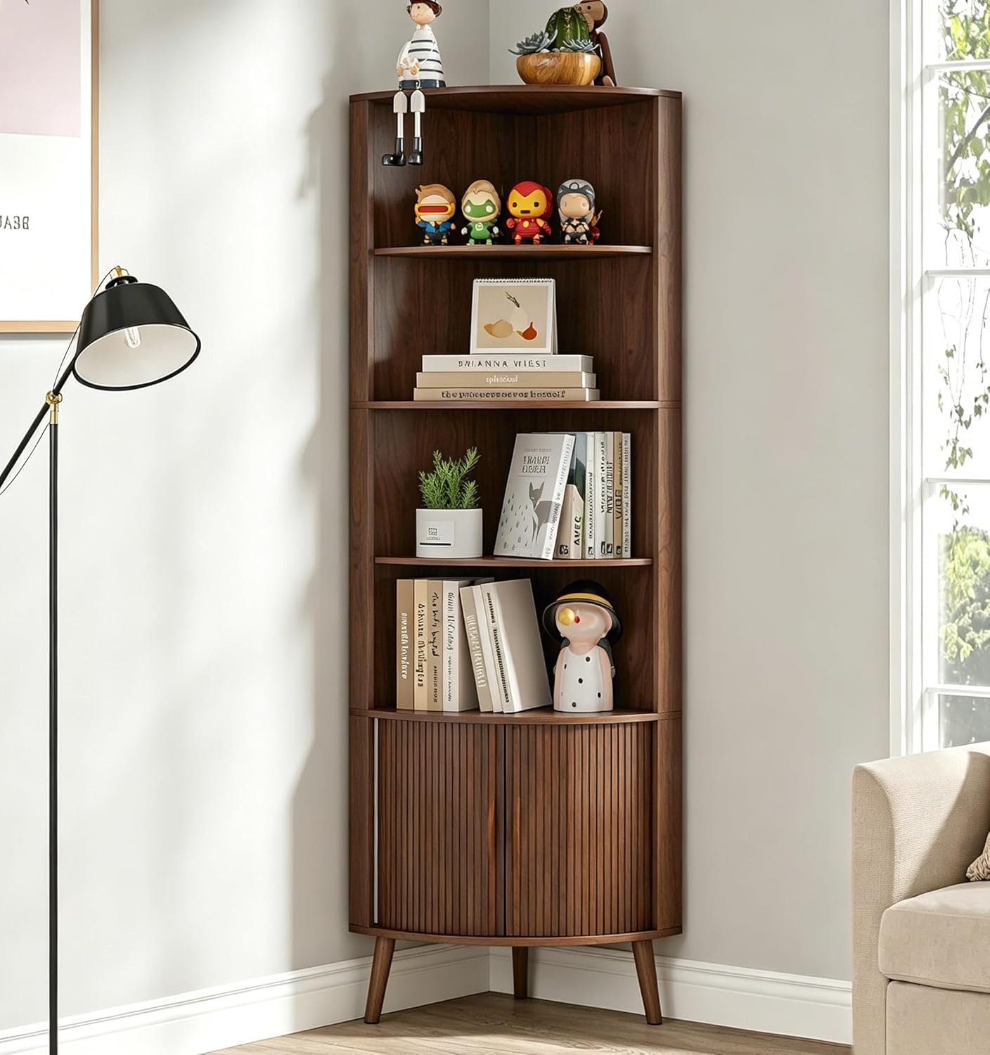 5-Tier Corner Shelf, 66.73''Tall Modern Corner Bookshelf, 5 Shelf Bookcase with 2 Fluted Doors, Freestanding Wood Corner Display Storage Shelf Organizer for Living Room, Office (Walnut)