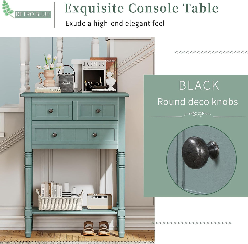 P PURLOVE Antique Narrow Console Table,Slim Sofa Entry Table with 3 Storage Drawer for Living Room,Entryway