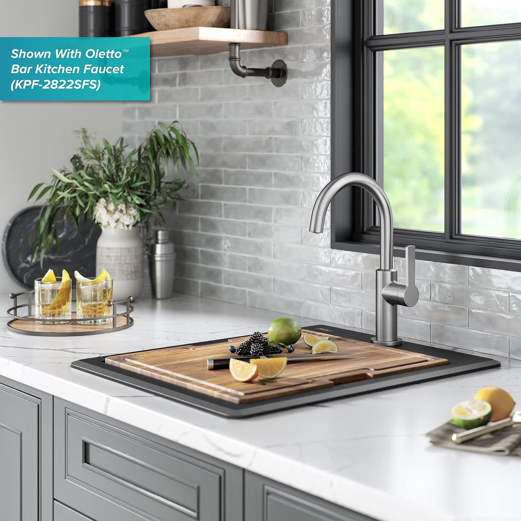 KRAUS Bellucci 18-inch Granite Workstation Drop In Top Mount Single Bowl Kitchen Sink in Metallic Black with Accessories, KGTW12-18MBL