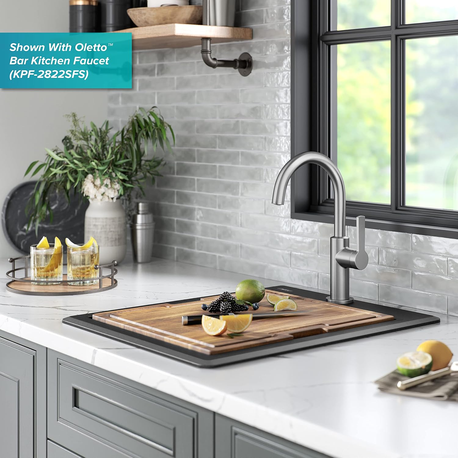 KRAUS Bellucci 18-inch Granite Workstation Drop In Top Mount Single Bowl Kitchen Sink in Metallic Black with Accessories, KGTW12-18MBL