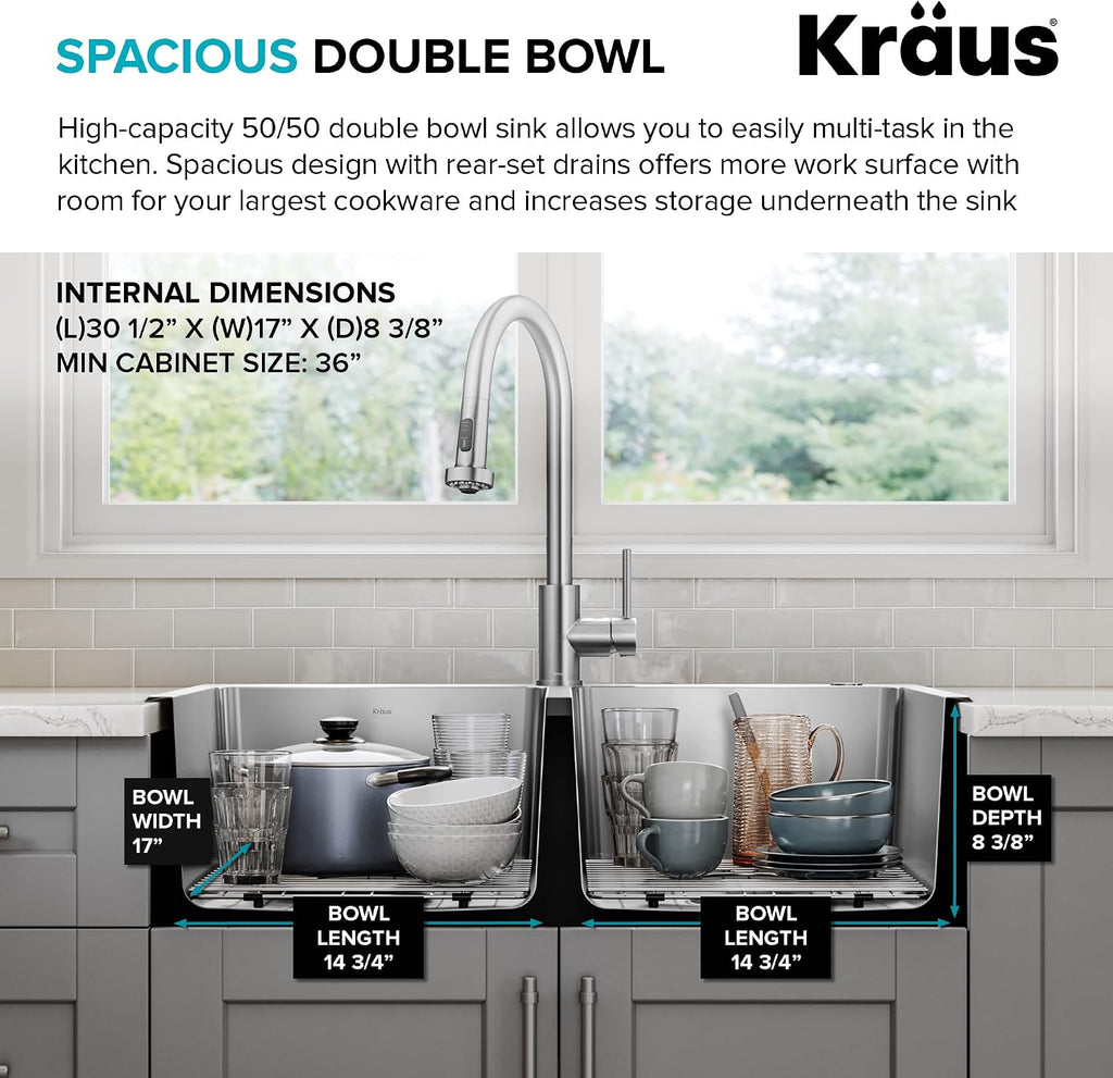 KRAUS Fairlane 33-inch Drop In/Top Mount Double Bowl 18-Gauge Stainless Steel Kitchen Sink, KHT632-33