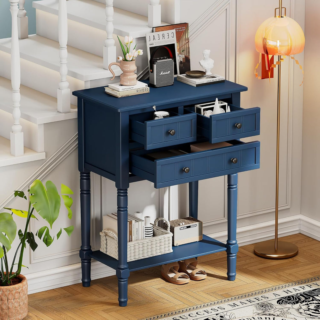 Knocbel Slim Antique Entry Console Table with 3 Drawers & Bottom Open Shelf, Solid Wood Narrow Sofa Couch Table for Entryway Hallway Living Room 23.7' W x 13' D x 31.4' H Navy Blue