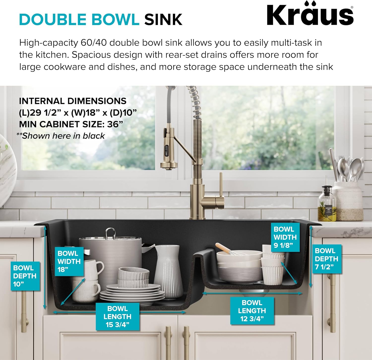 KRAUS Quarza 33-inch Drop-In/Undermount 60/40 Double Bowl Granite Kitchen Sink in Grey, KGD-442GREY