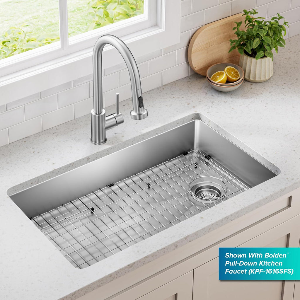 KRAUS Fairlane 33-inch ADA Compliant Undermount Single Bowl 18-Gauge Stainless Steel Kitchen Sink, KHU640-33-5.5
