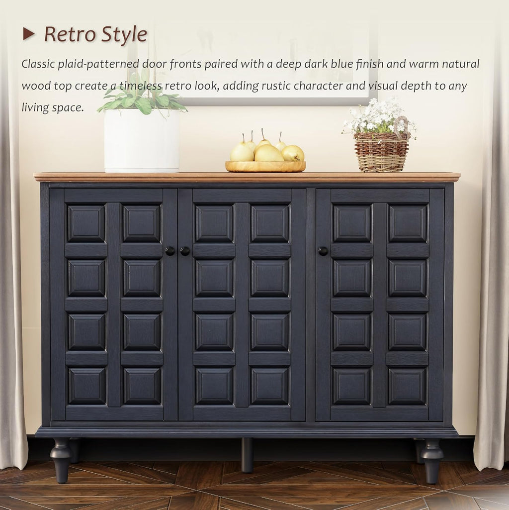 Aoikax Retro 3 Door Storage Cabinet with Plaid Pattern Front, Rustic Side Table for Bedroom, Living Room, Handles, Four Shelves, Pine Wood, Natural Wood, Dark Blue
