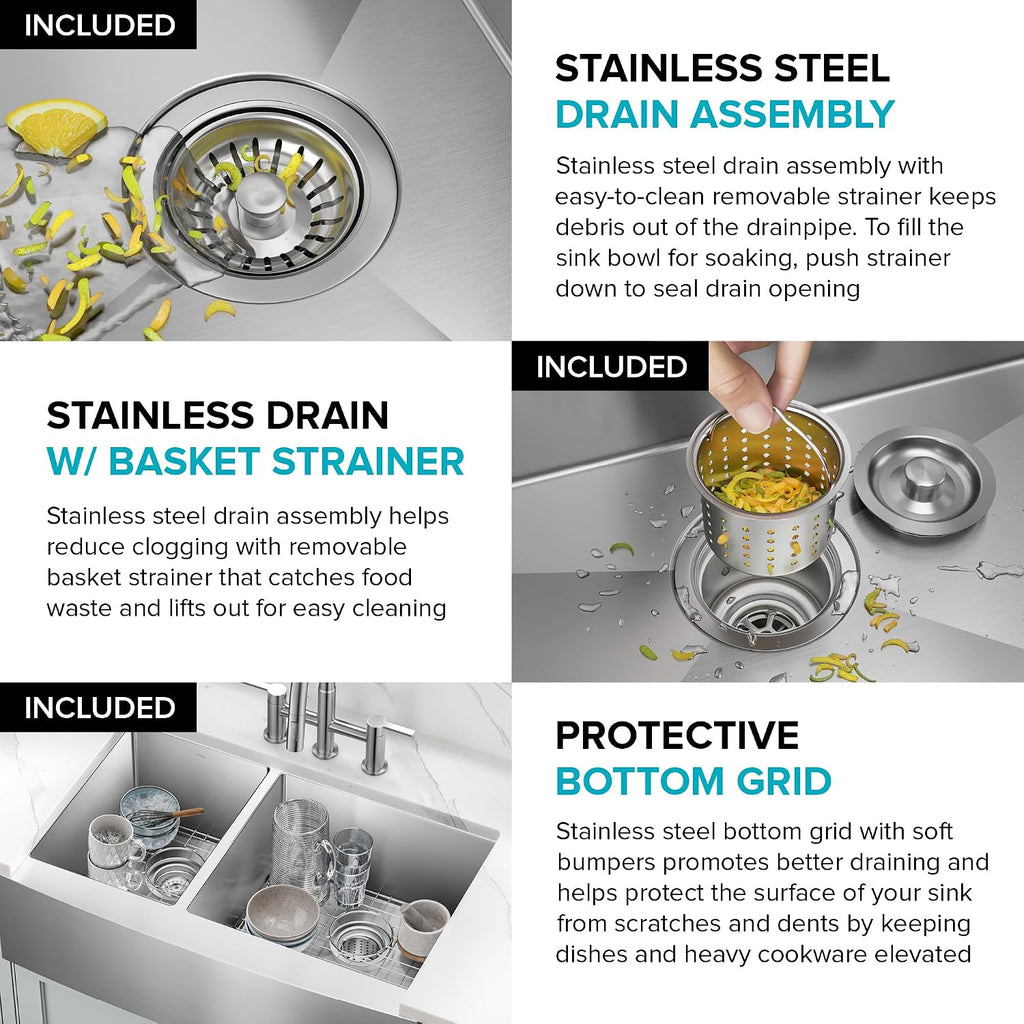 Kraus KHF204-33 Standart PRO Kitchen Stainless Steel Sink, 16 Gauge, 33' Undermount Round Apron 40/60 Double Bowl Kitchen Sink