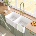 DeerValley Double Bowl Farmhouse Kitchen Sink 33 Inch, Fireclay Farm Sinks, Reversible Apron Front Deep Drop In Kitchen Sinks with Bottom Grid and Strainer