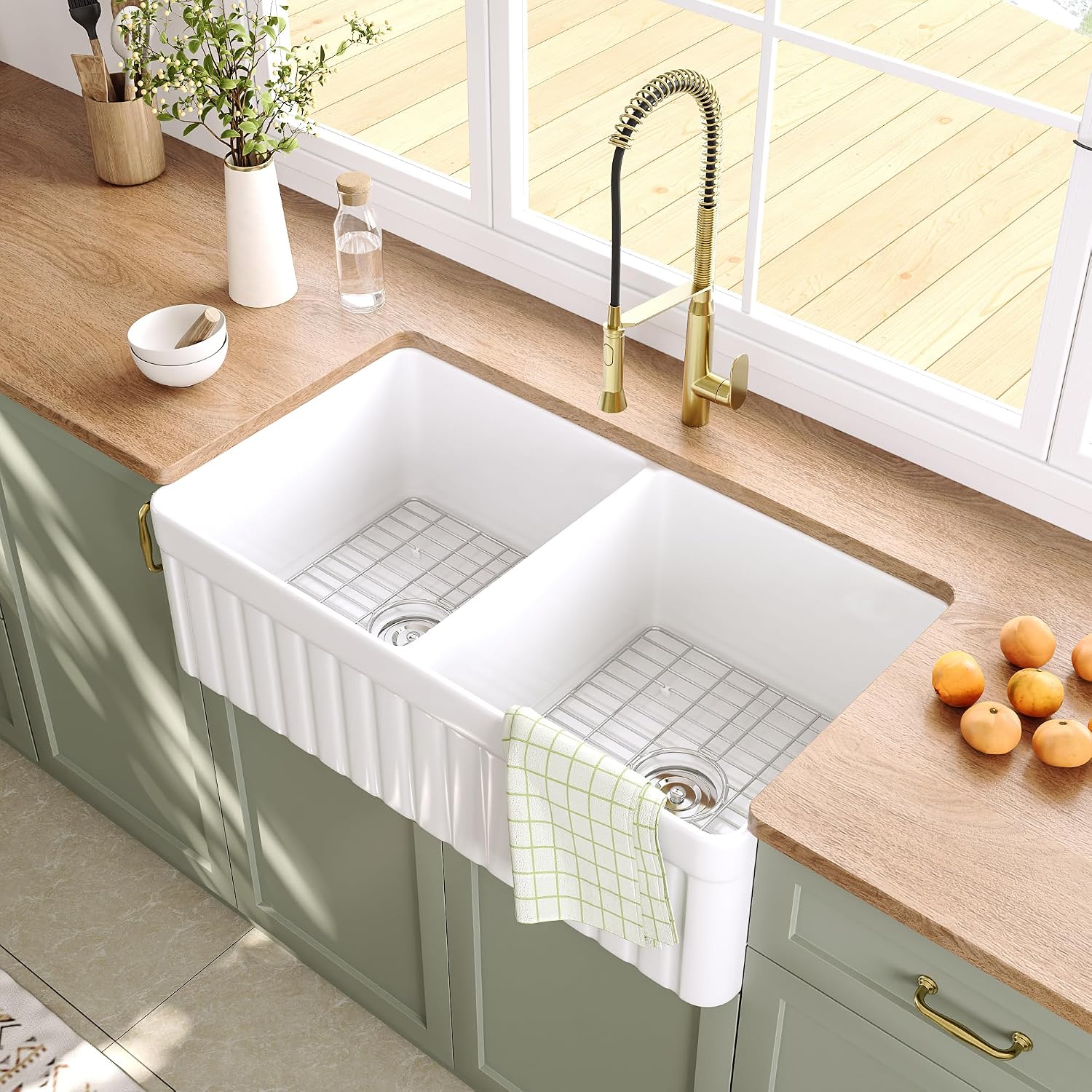 DeerValley Double Bowl Farmhouse Kitchen Sink 33 Inch, Fireclay Farm Sinks, Reversible Apron Front Deep Drop In Kitchen Sinks with Bottom Grid and Strainer