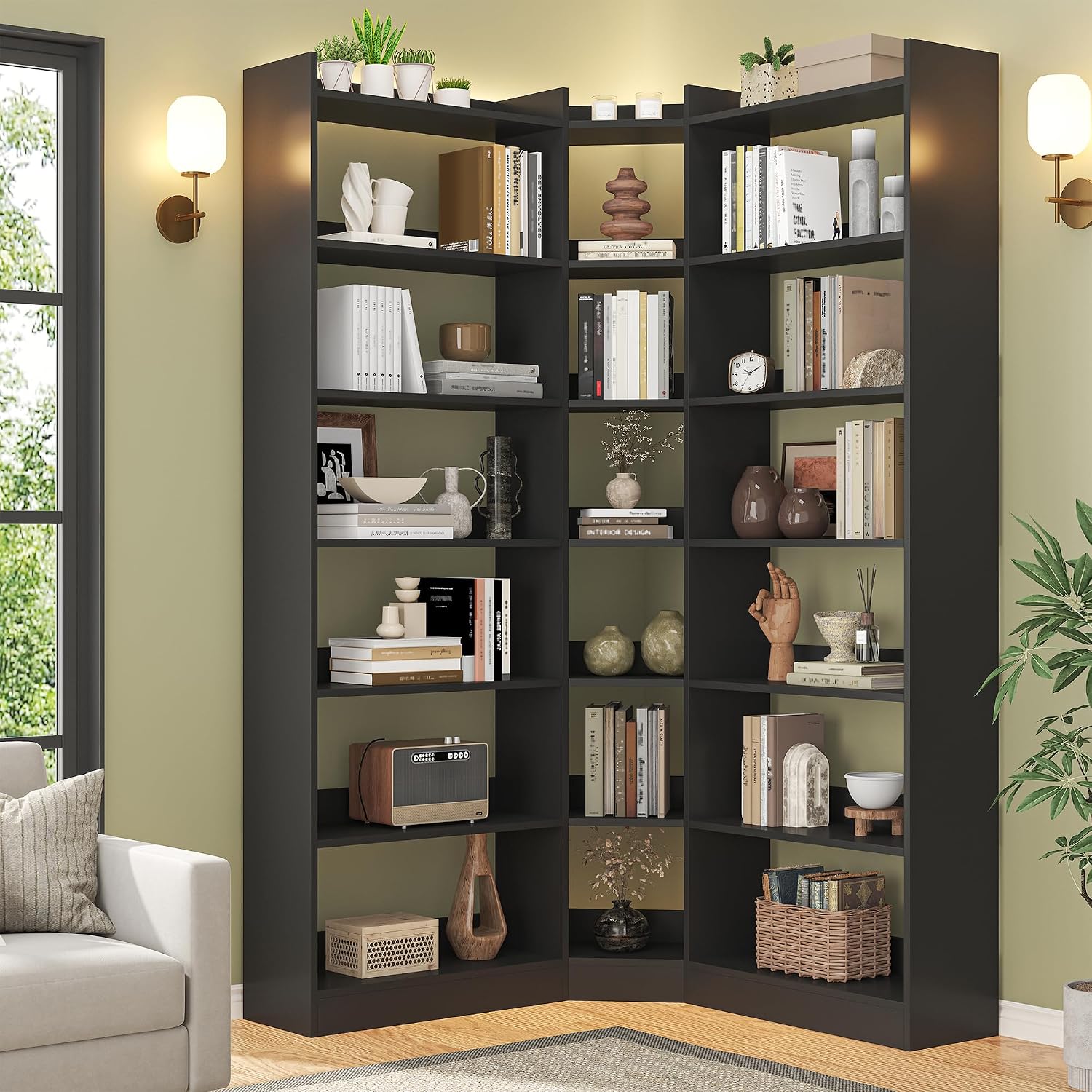 70.8' Tall Corner Bookshelf, 7 Tiers Large Etagere Bookcases with Baffles, L-Shaped Modern Storage Display Rack Industrial Bookshelves for Bedroom, Home Office, Living Room & Kitchen, Black
