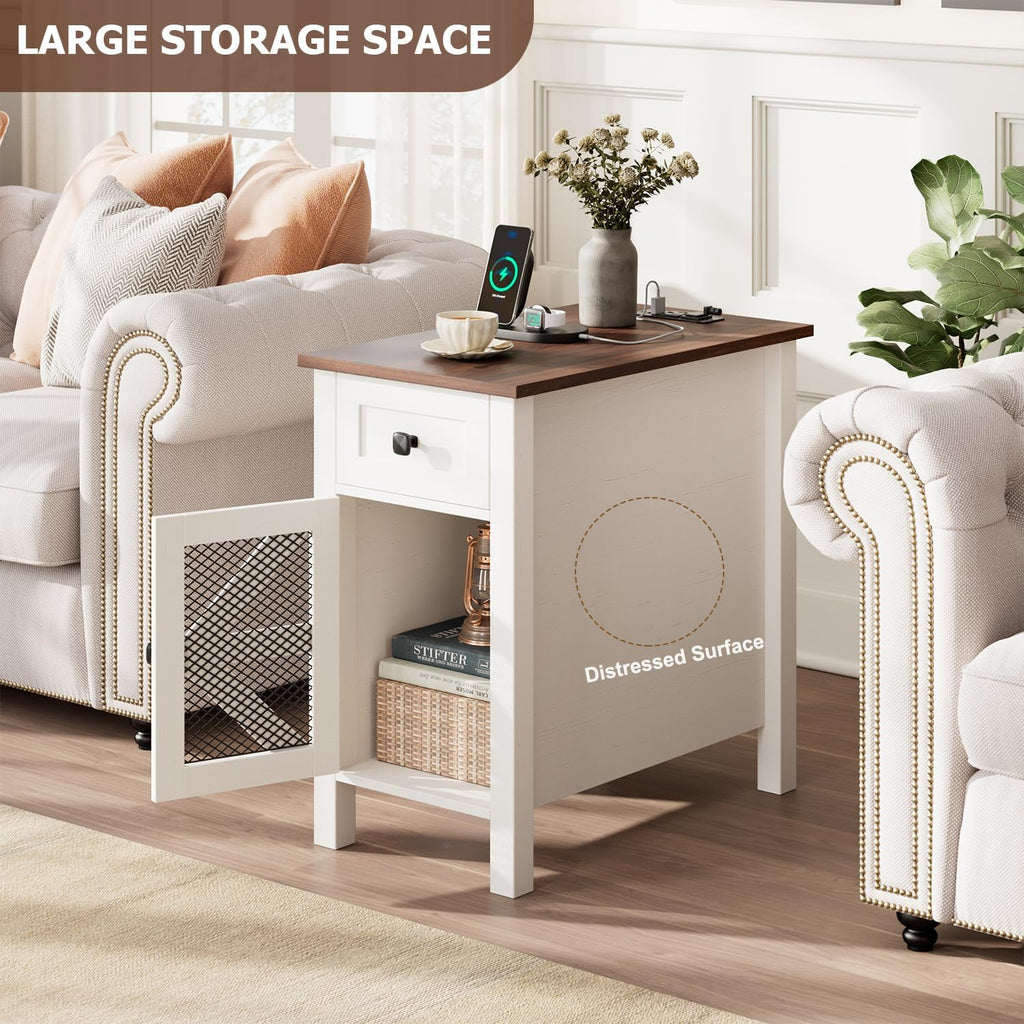HAIOOU Farmhouse End Table with Charging Station, Narrow Side Tables for Living Room, Bedside Table with Storage Cabinet and Drawer, Slim Wood Nightstand for Small Space(Rustic White)