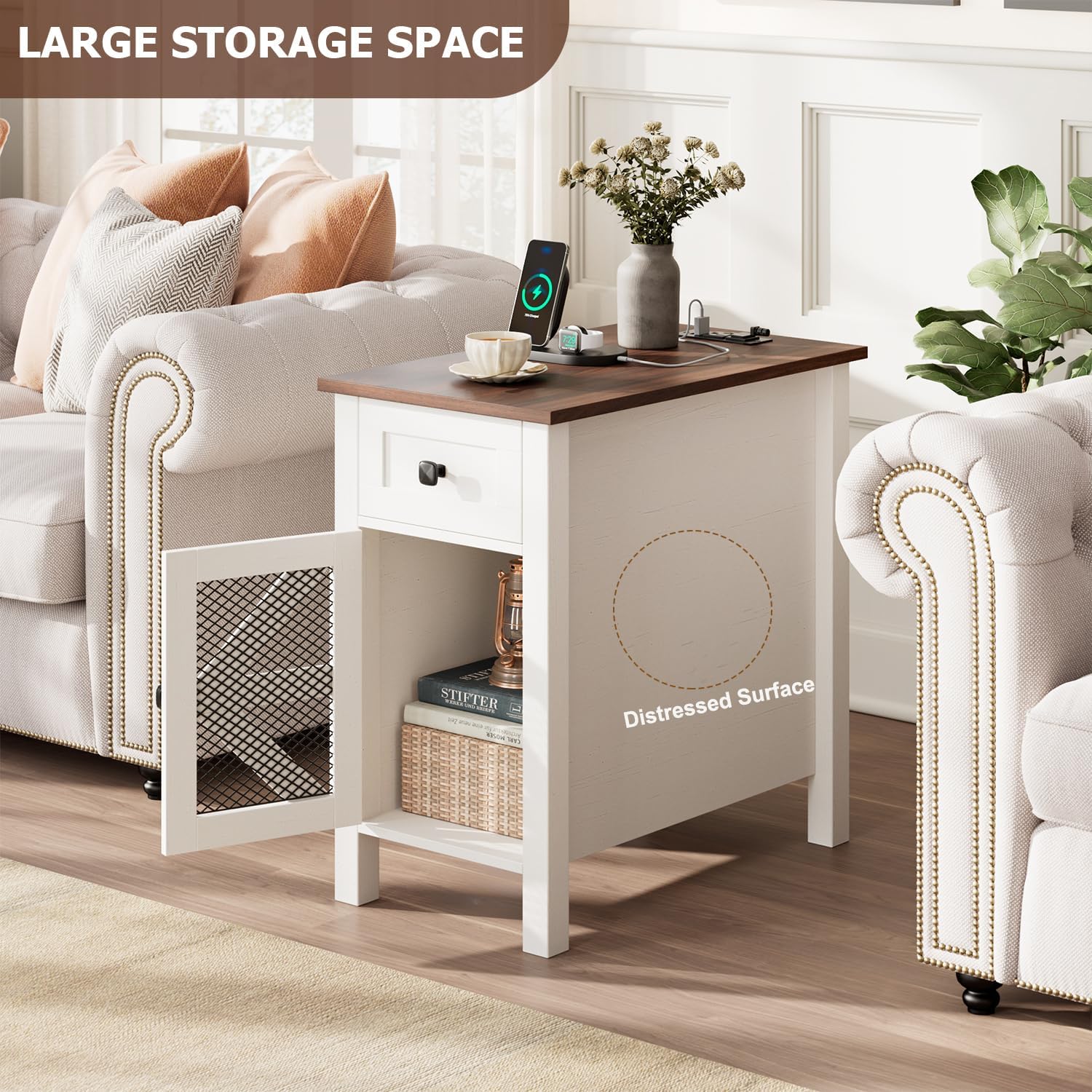 HAIOOU Farmhouse End Table with Charging Station, Narrow Side Tables for Living Room, Bedside Table with Storage Cabinet and Drawer, Slim Wood Nightstand for Small Space(Rustic White)