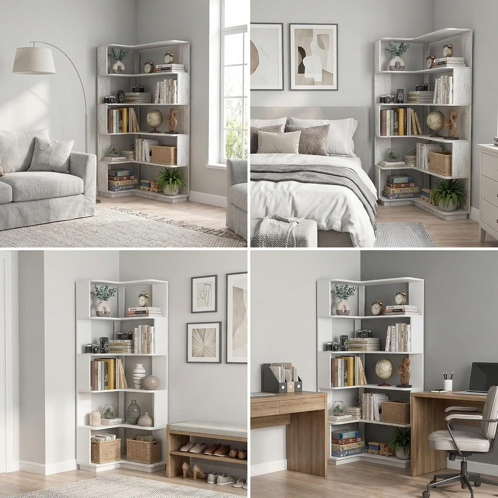 6 Tier Corner Bookshelf, Freestanding L-Shaped Wooden Bookcase with Open Shelves, Anti-Fall Panels and Anti-Tipping Device for Living Room, Home Office (Light Gray with Right Extension)