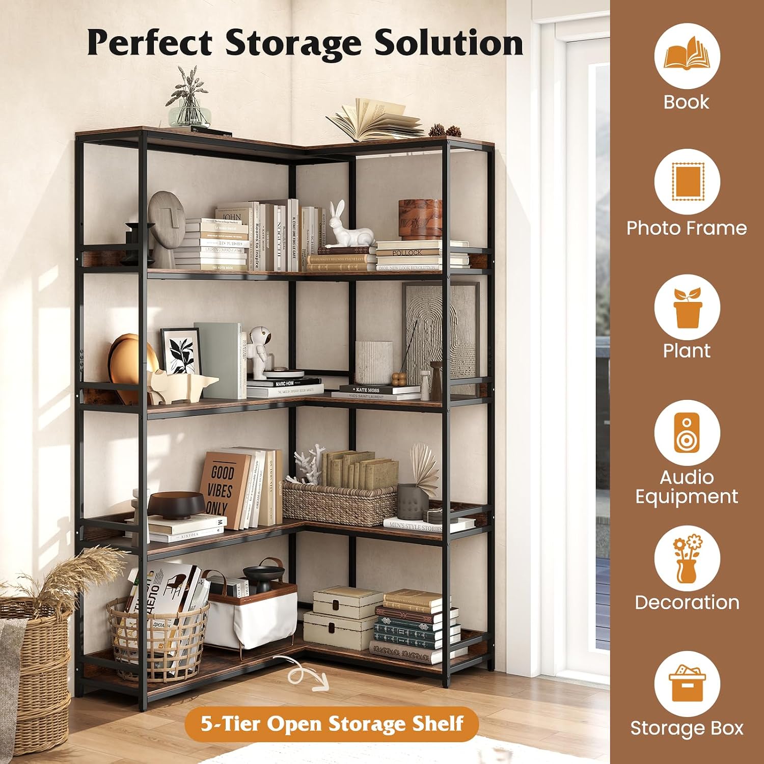 Tangkula Large Corner Bookshelf, 90 Degrees 5-Tier Industrial Wood Open Corner Bookcase for Small Spaces, Heavy-Duty Metal Frame, 71'H L-Shaped Storage Display Rack for Living Room (Rustic Brown)