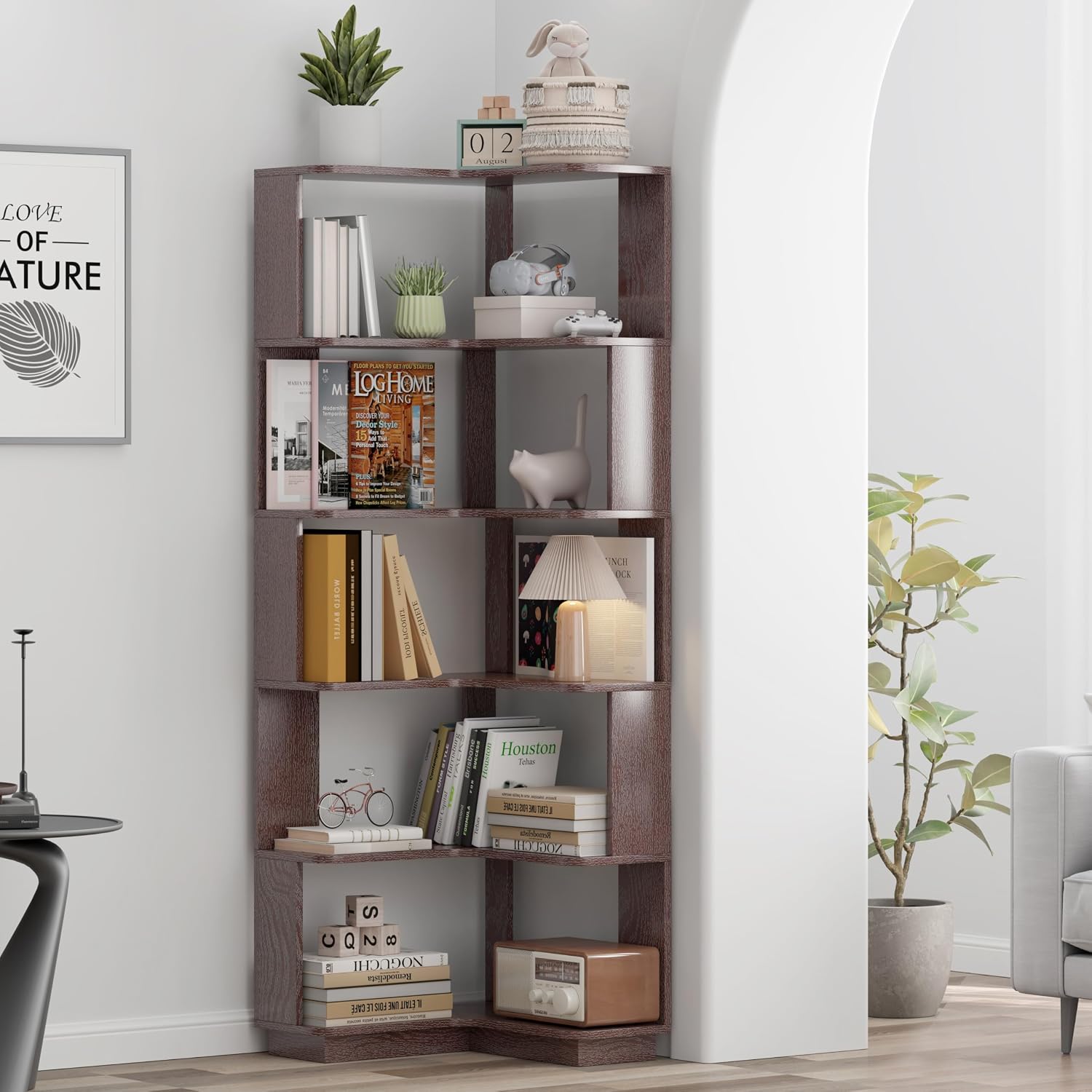 GDFStudio 64.6' Tall L-Shaped Corner Bookshelf, 6-Tier Freestanding Corner Shelf Bookcase with Anti-Drop Panels, Wooden Open Back Display Shelves Organizer for Living Room Bedroom Office, Ox Blood Red