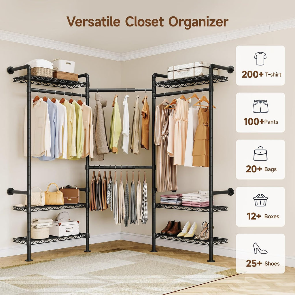 L3 Wall Mounted Industrial Pipe Closet System, Corner Closet Organizers with 4 Telescopic Rods & 6 Shelves, Heavy Duty Clothing Clothes Rack in Wardrobe Closet (Black)