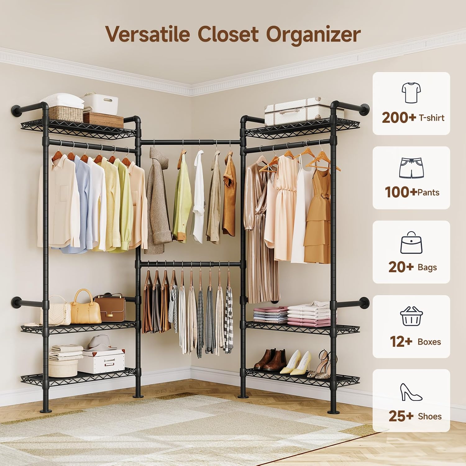 L3 Wall Mounted Industrial Pipe Closet System, Corner Closet Organizers with 4 Telescopic Rods & 6 Shelves, Heavy Duty Clothing Clothes Rack in Wardrobe Closet (Black)