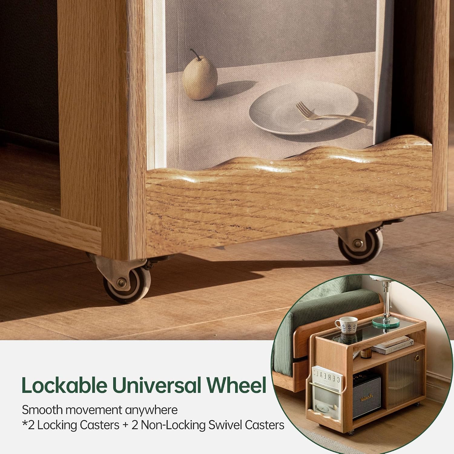 Solid Wood Narrow Side Table with Storage, End Table with Magazine Rack & Glass Door Cabinet, Small Couch Side Table for Living Room, Slim Nightstand for Bedroom, No Assembly