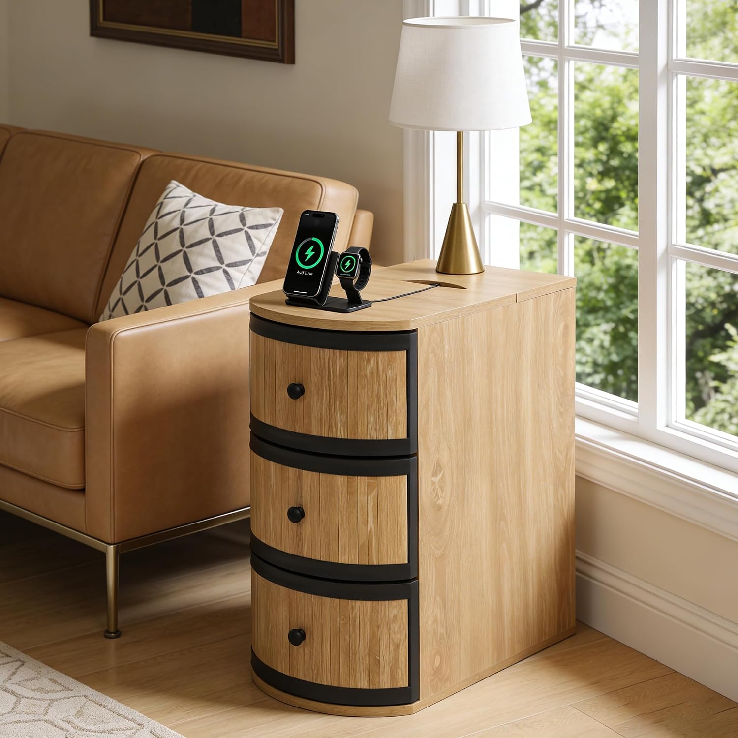 BERRYMERRY Narrow End Table with Charging Station, Modern Slim Nightstand Bedside Table with 3 Drawers for Bedroom Living Room, Natural Wood Grain, 11.81' W x 23.51' D x 23.62' H