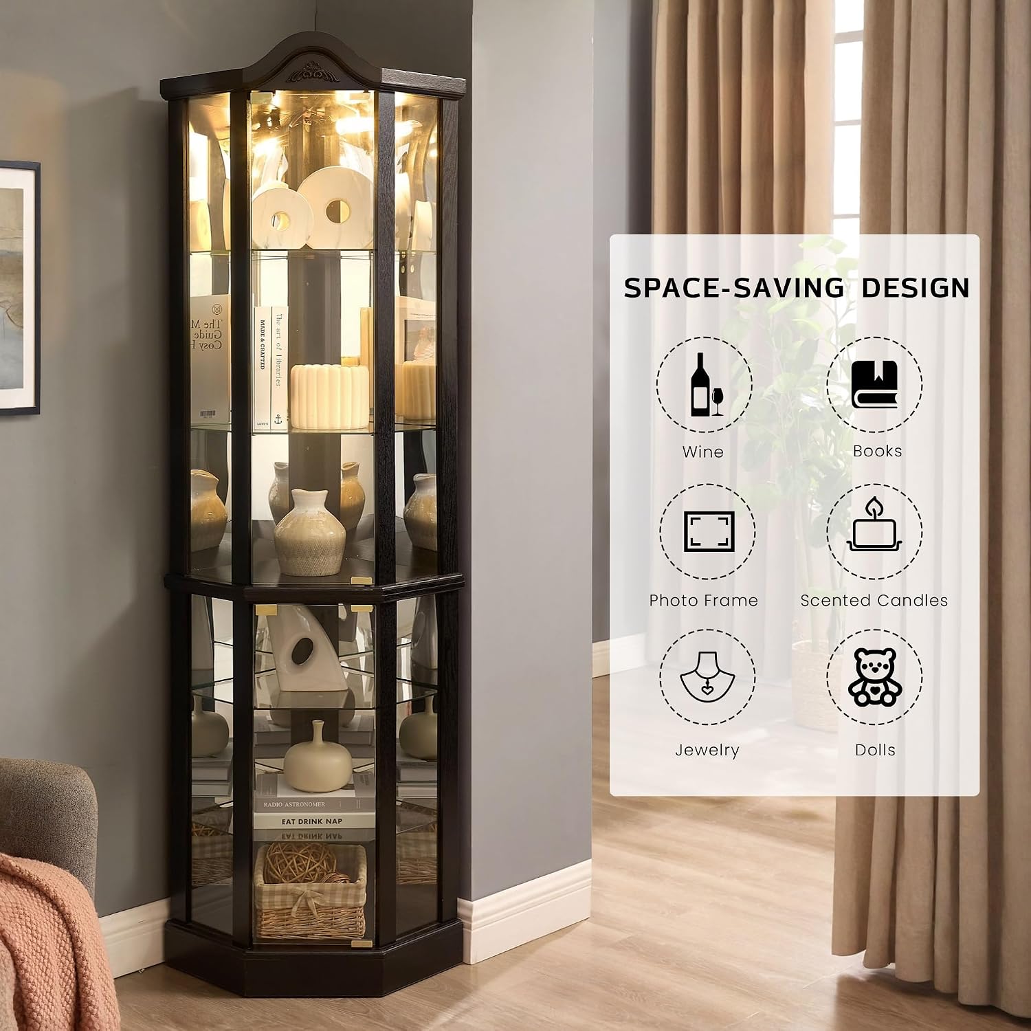 72' H Lighted Corner Curio Cabinet, Wooden Curio Cabinet with Tempered Glass Doors, 6-Tier Shelves Corner Cabinet with Glass, Liquor Display Storage Rack for Living Room(Black)