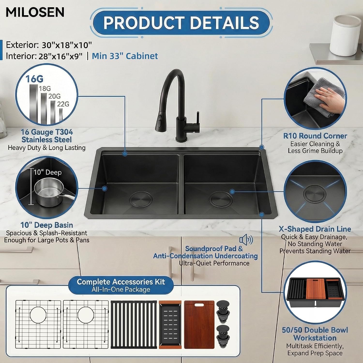 MILOSEN Black Double Bowl Kitchen Sink, 30x18 Inch T304 Stainless Steel Undermount Workstation Sink, 50/50 Double Bowl 10 Inch Deep Handmade Kitchen Sinks, Undermount Black Sinks with Accessories