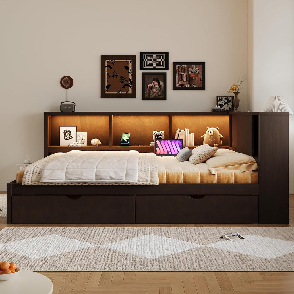Merax Queen Size Daybed Frame with 2 Drawers and Storage Shelves for Kids, Teens or Adults, Wooden Corner Bed Sofa Bed with USB Ports and LED for Living Room or Bedroom, No Box Spring Needed, Brown