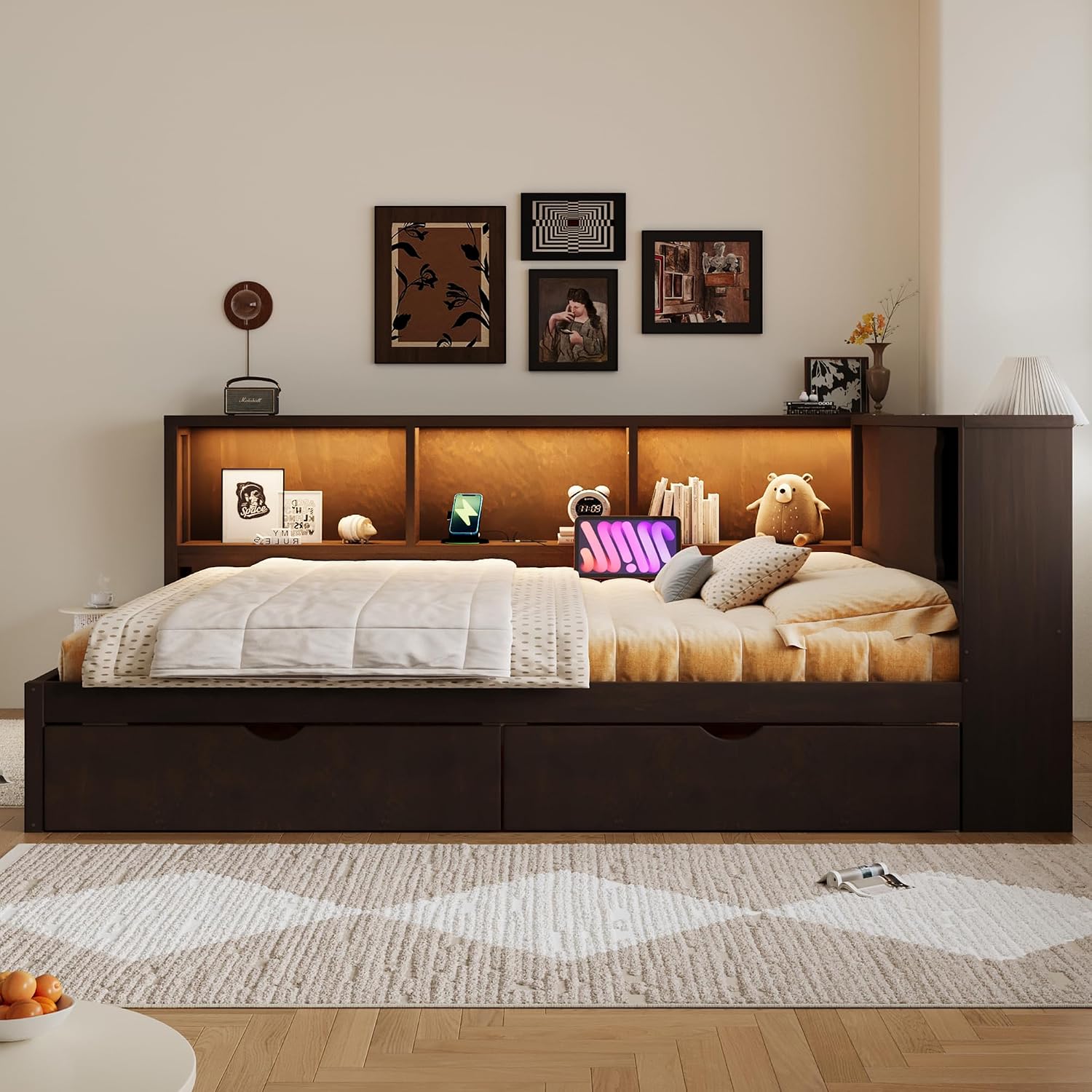 Merax Queen Size Daybed Frame with 2 Drawers and Storage Shelves for Kids, Teens or Adults, Wooden Corner Bed Sofa Bed with USB Ports and LED for Living Room or Bedroom, No Box Spring Needed, Brown