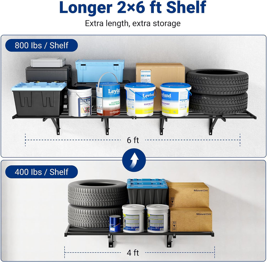 FLEXIMOUNTS 2x6ft Heavy Duty Garage Storage Shelving, 1600lbs Total Weight Capacity, 2 Pack Wall Organization System, 24 x75inch Rack Floating Shelves, Pro Series