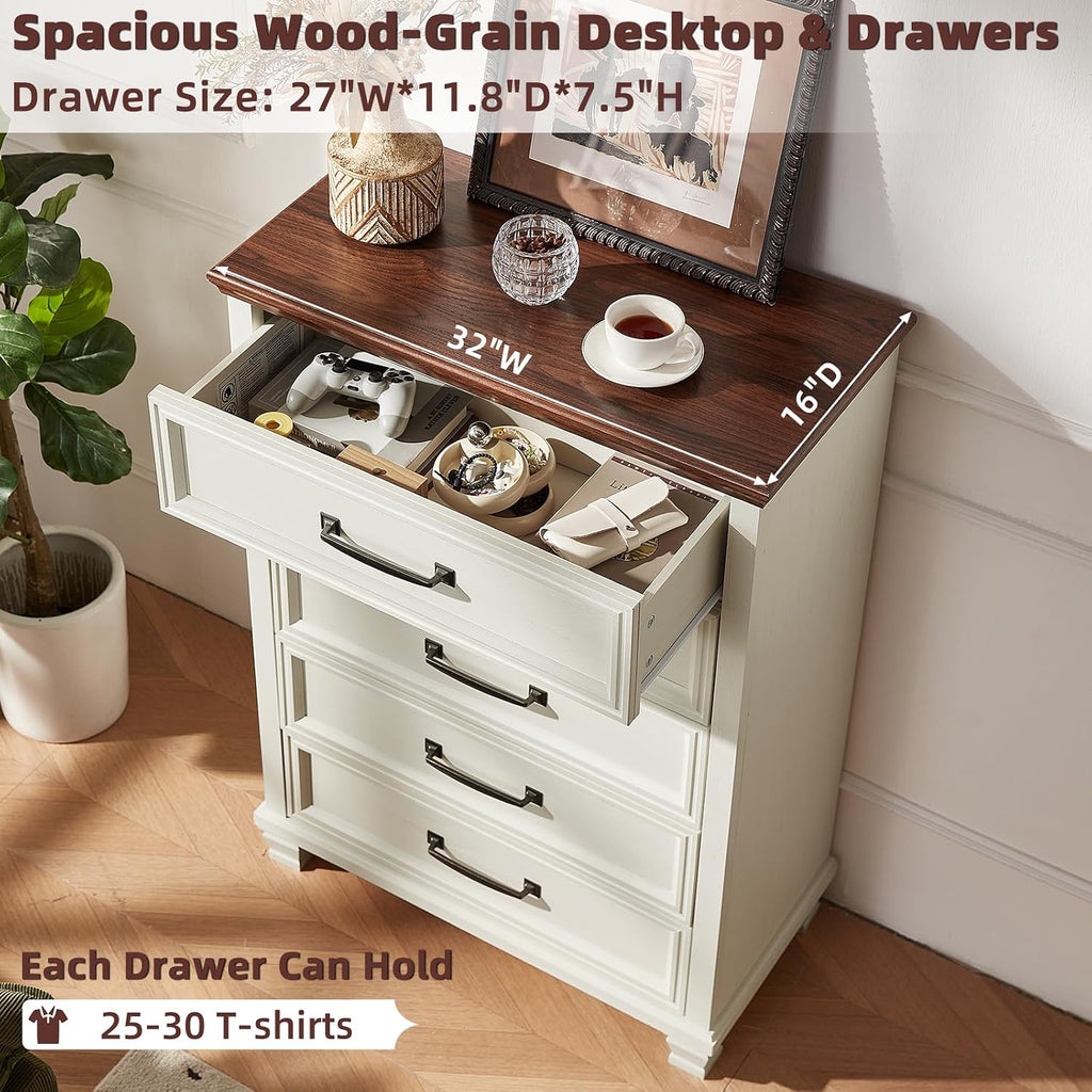SAVOR LIFE Farmhouse Side Table with Charging Station, Antique Nightstands with Drawers, Bedside Table with Open Shelf for Bedroom, White