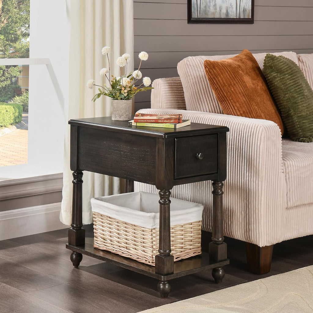 Narrow Open End Table with Drawer, Solid Wood Side Table 2-Tier Skinny Table with Storage Shelves Slim Nightstand Small Sofa End Table for Living Room Bedroom-Antique Black 004BK