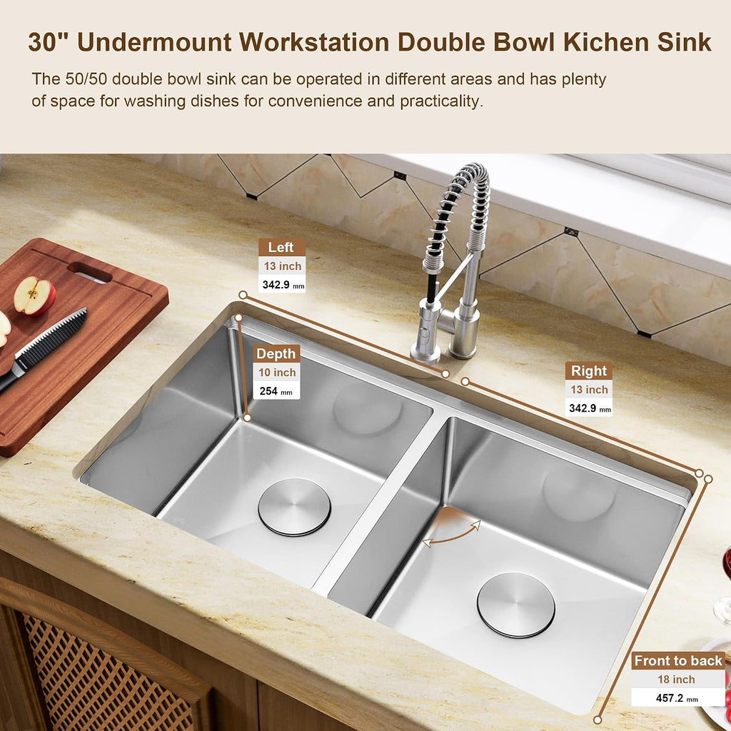 Kitsitchen Undermount Kitchen Sink, 16 Gauge 304S Stainless Steel Workstation Sink, 30' x 18' x 10' Large and Deep Handmade Double Bowl Kitchen Sinks with Accessories