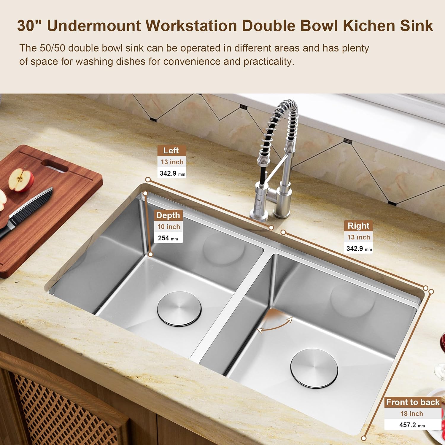 Kitsitchen Undermount Kitchen Sink, 16 Gauge 304S Stainless Steel Workstation Sink, 30' x 18' x 10' Large and Deep Handmade Double Bowl Kitchen Sinks with Accessories