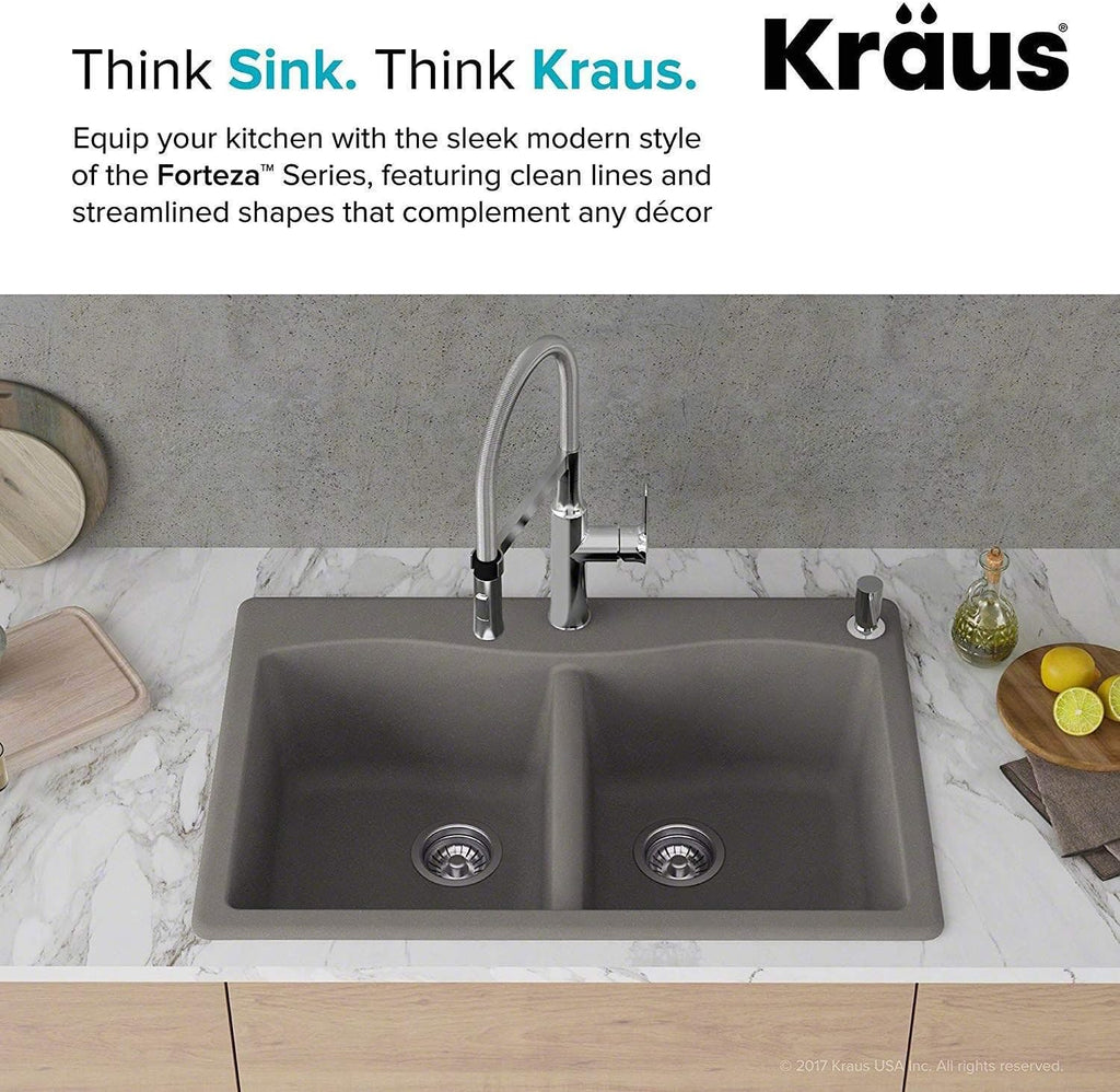 KRAUS Forteza™ 33' Dual Mount 50/50 Double Bowl Granite Kitchen Sink in Grey, KGD-52GREY