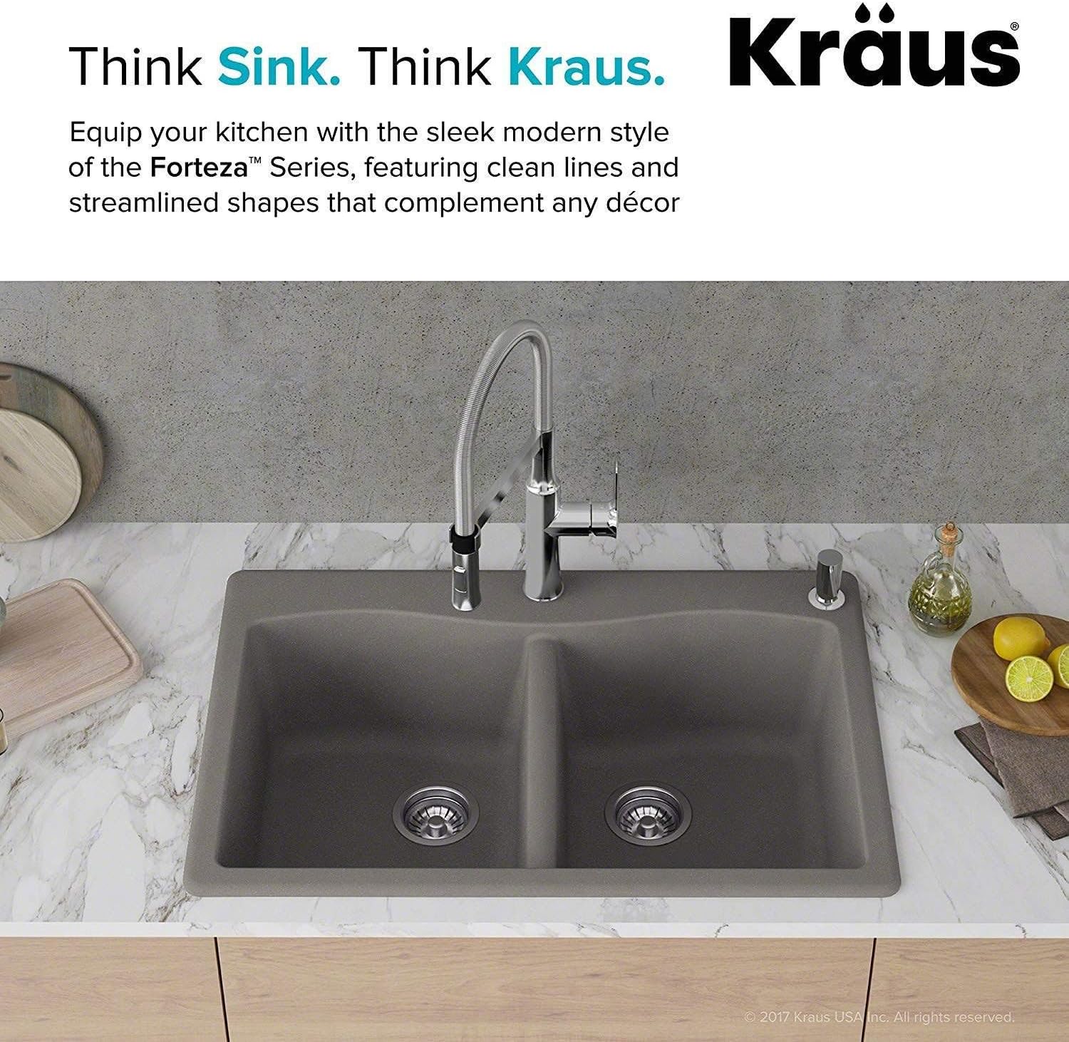 KRAUS Forteza™ 33' Dual Mount 50/50 Double Bowl Granite Kitchen Sink in Grey, KGD-52GREY