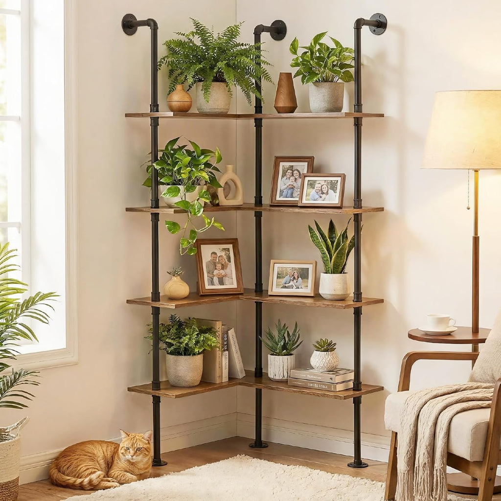 Industrial Pipe Corner Bookshelf, Wall Wooden Bookcase with Open Shelves, L Shaped Ladder Pipe Pantry Shelving for Living Room, Bedroom, Home, Office, 4 Tiers