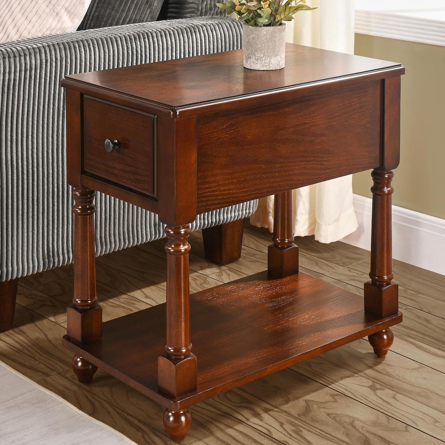 LEEMTORIG Narrow Nightstand with Drawer, No-Tools Assembly Wood End Tables Living Room Side Tables Bedroom, Mid-Century Modern 13'W Slim Narrow Bedside Table, 22'D x 22.3'H, Cherry Brown BBJ-004-DWA