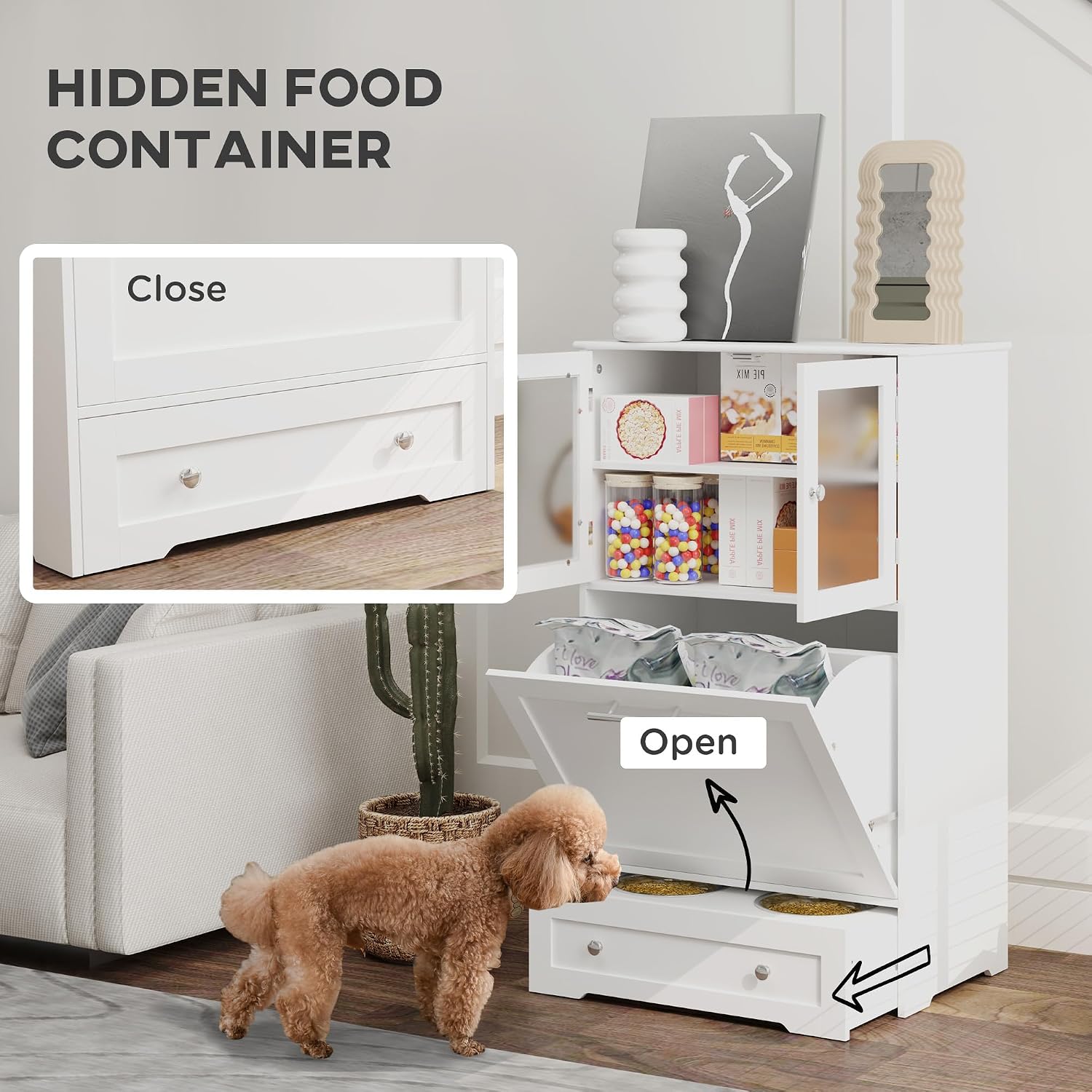 PawHut Dog Feeding Station with 2 Storage Cabinets, Elevated Dog Bowls, Side Hooks, Anti-tip Kit, Hidden Pet Feeder Station for Feeding & Watering, White