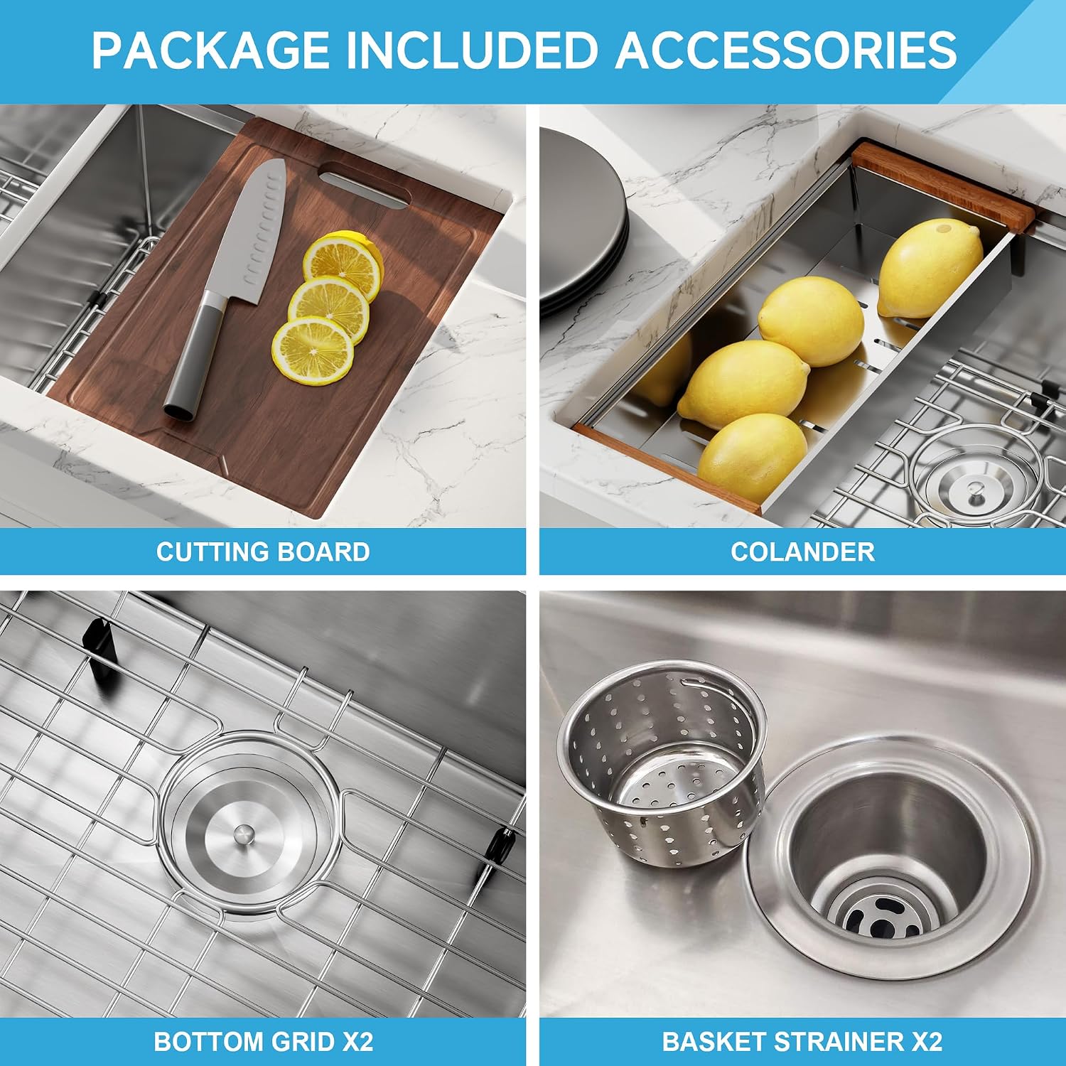 32 Inch Workstation Undermount Double Bowl Kitchen Sink, 16 Gauge 304 Stainless Steel Handmade Spacious Deep Kitchen Sinks, Accessories and Ledge Included, 32' x 18' x 10'