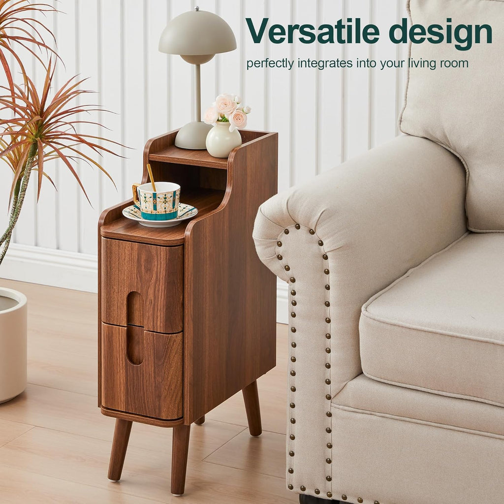 Narrow Nightstand Set of 2, Wood 2 Drawer Small Nightstand, Slim Side Table, Modern Skinny End Bedside Table, Natural Wood Night Stand with Drawers for Bedroom (Walnut-2 pcs)
