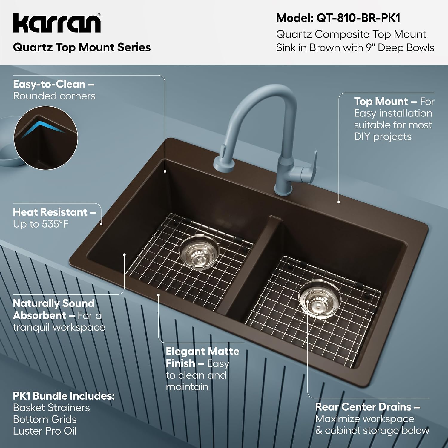 Karran QT-810 33' Top Mount Double Equal Bowl Quartz Kitchen Sink Kit in Brown