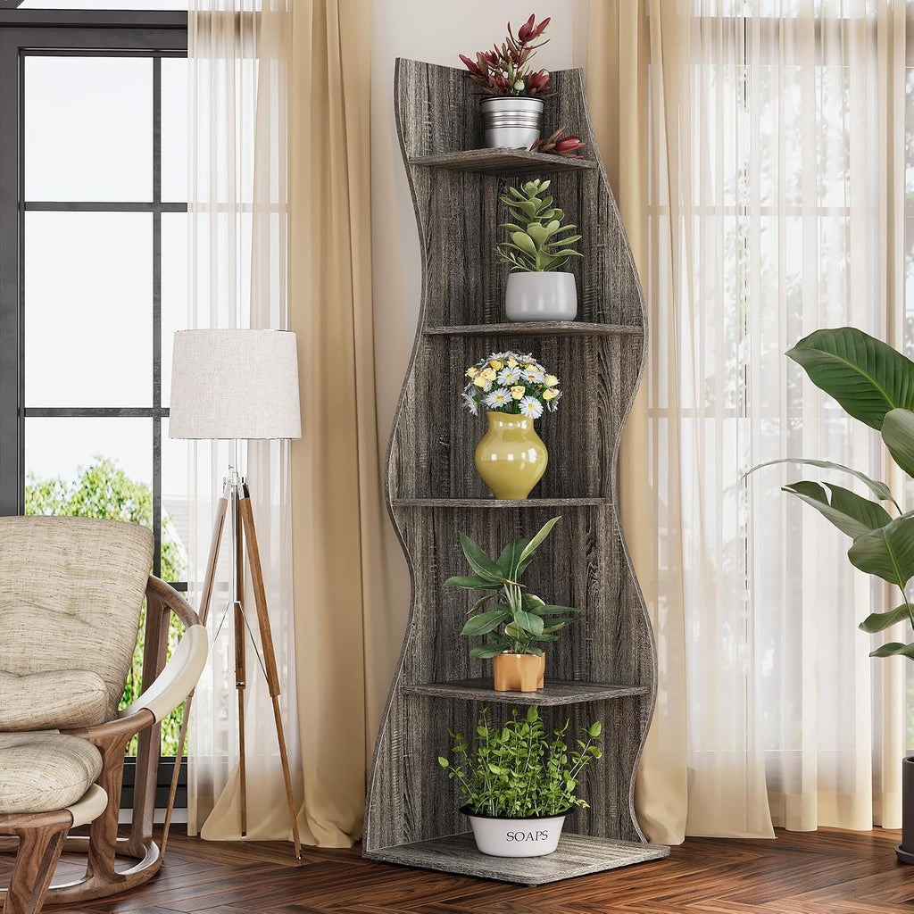 LITTLE TREE Small Corner Shelf, Modern 5-Tier Wall Corner Bookshelf, Stylish Bookcase Storage Rack for Small Space, Living Room, Bedroom