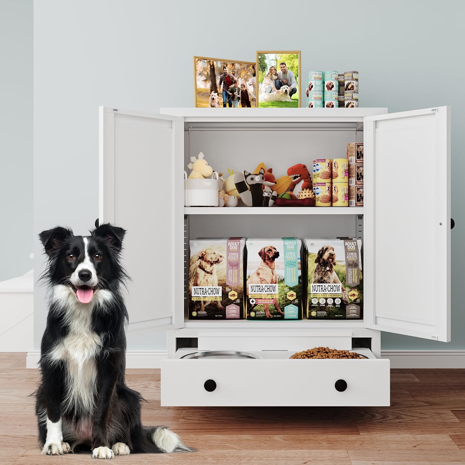 Dog Feeding Station with Storage, Metal Dog Food Storage Cabinet with 2 Elevated Bowls and 3 Hooks, Pet Feeding Station and Dogs Food Storage Organizer, White