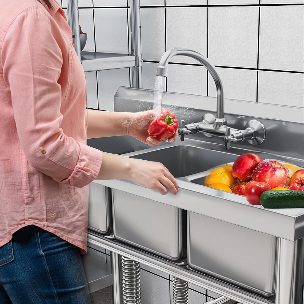 YITAHOME Freestanding Commercial 3 Bay Kitchen Under bar Sink NSF Stainless Steel 3 Compartment Bowl Outdoor Sink with Storage Shelve, Backsplash for Restaurant, Food Truck & Home (39'x 18'x 37')